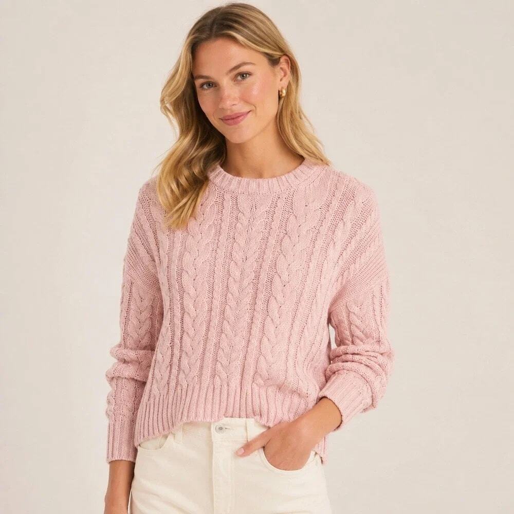 J. Crew Women’s Cable-Knit Crewneck Sweater Long Sleeve Pink Size Small NWT